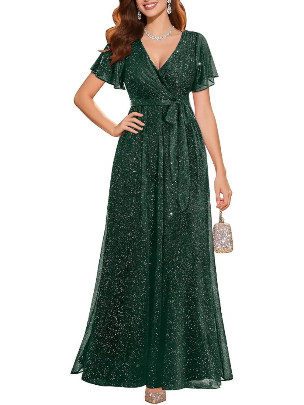 Women's Green Sparkly Sequin Fabric Sparkly Formal Gown Gala Prom Long Dress